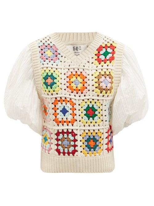 Matchesfashion.com Sea - Gabriela Puff-sleeve Crocheted Wool-blend Sweater - Womens - White Multi