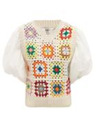 Matchesfashion.com Sea - Gabriela Puff-sleeve Crocheted Wool-blend Sweater - Womens - White Multi