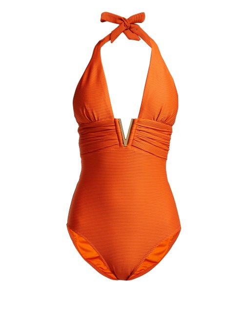 Matchesfashion.com Heidi Klein - Casablanca V Bar Ribbed Swimsuit - Womens - Orange