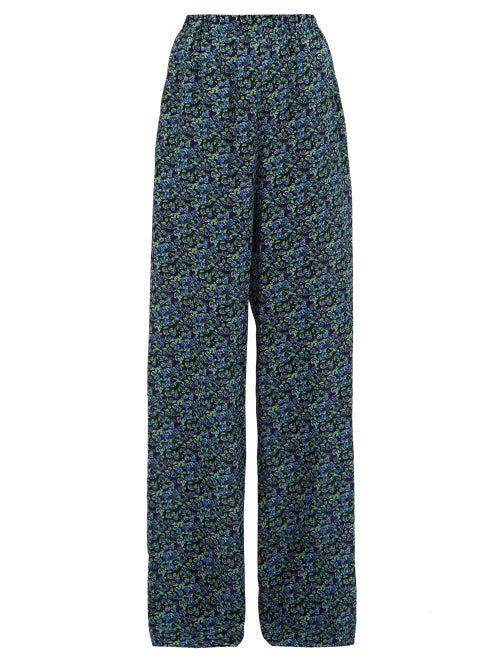 Matchesfashion.com Balenciaga - Floral Print Silk Crepe Wide Leg Trousers - Womens - Black Blue