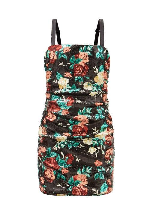 Dolce & Gabbana - Rose-print Sequinned Mini Dress - Womens - Green Multi