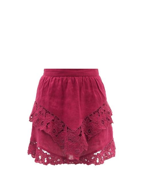 Isabel Marant Toile - Enali Floral-embroidered Linen Mini Skirt - Womens - Red