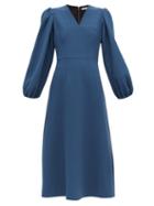 Matchesfashion.com Emilia Wickstead - Carmina Balloon Sleeve Wool Crepe Midi Dress - Womens - Blue
