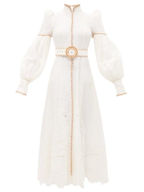 Zimmermann - Postcard Balloon-sleeve Embroidered Linen Dress - Womens - Ivory