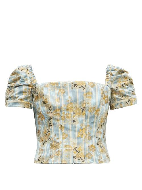 Matchesfashion.com Brock Collection - Platano Floral Cotton Blend Jacquard Cropped Top - Womens - Blue Multi