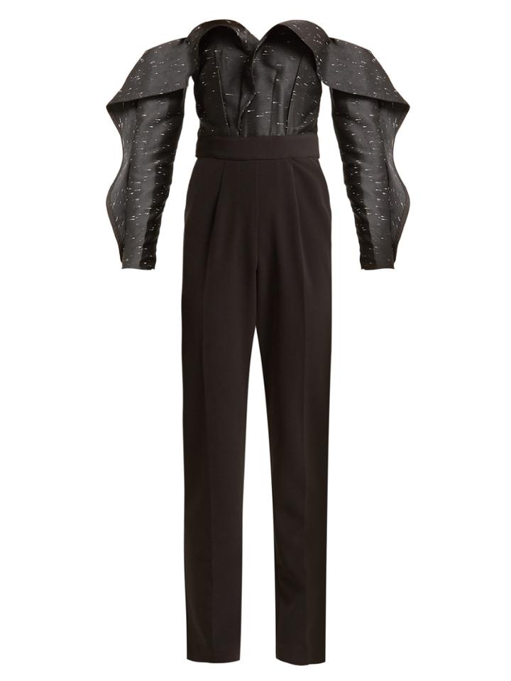 Self-portrait Off-the-shoulder Jacquard And Crepe Jumpsuit