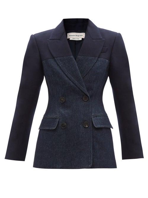 Alexander Mcqueen - Double-breasted Denim-panelled Jacket - Womens - Navy