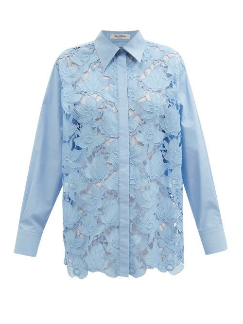 Ladies Rtw Valentino - Guipure Lace And Cotton-poplin Shirt - Womens - Blue