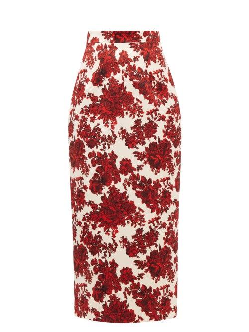 Emilia Wickstead - Lorinda Floral-print Taffeta Pencil Skirt - Womens - Red White