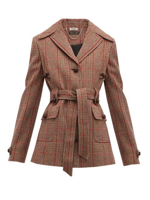 Matchesfashion.com Miu Miu - Belted Checked Wool Blend Jacket - Womens - Red Multi