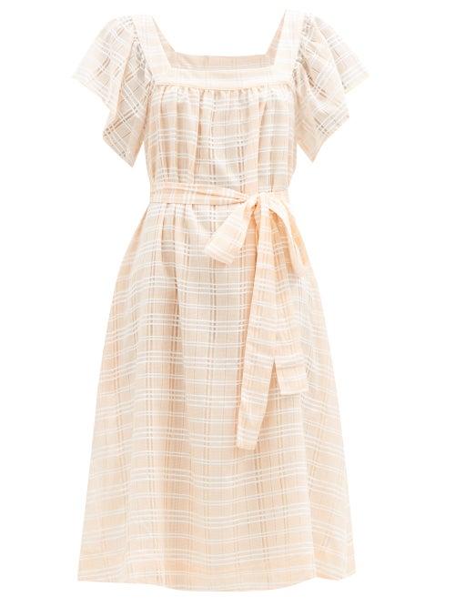 Matchesfashion.com Lisa Marie Fernandez - Muu Muu Square-neck Check Cotton-blend Dress - Womens - Orange Stripe