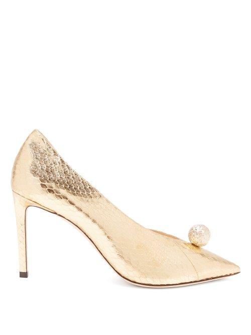 Matchesfashion.com Jimmy Choo - Sadira 85 Snakeskin Effect Pumps - Womens - Gold