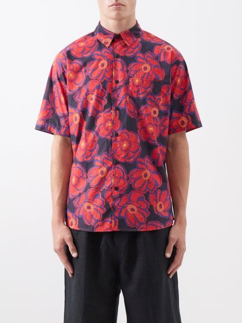 Thorsun - Tattoo Flower-print Cotton-poplin Shirt - Mens - Orange