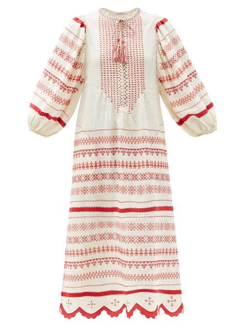 Matchesfashion.com Vita Kin - Belarus Beaded Embroidered Linen Dress - Womens - Red White