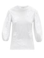 Matchesfashion.com Cecilie Bahnsen - Clay Floral-appliqu Balloon-sleeve Cotton Top - Womens - White