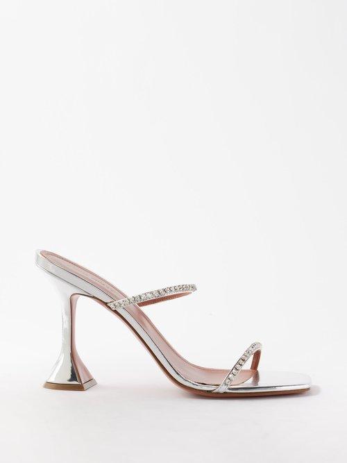 Amina Muaddi - Gilda 95 Crystal Mirrored-leather Sandals - Womens - Silver