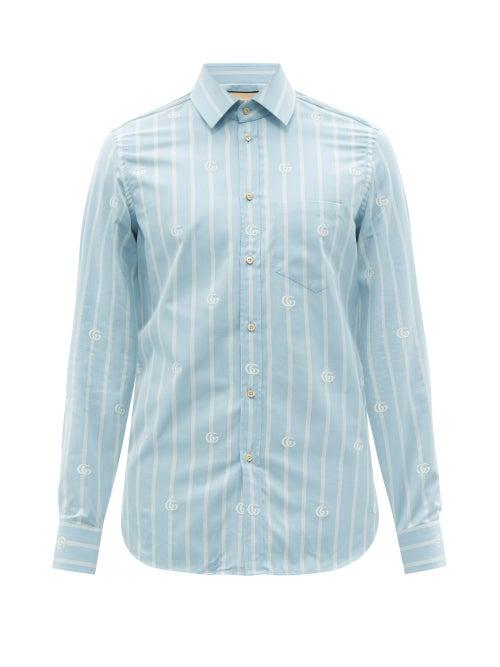 Mens Rtw Gucci - Gg-stripe Jacquard Cotton Shirt - Mens - Blue
