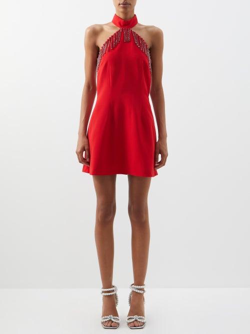 Christopher Kane - Crystal-fringe Crepe Halterneck Mini Dress - Womens - Red