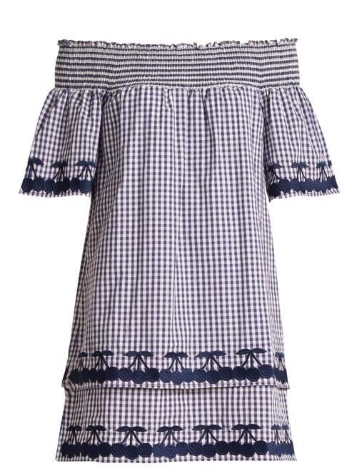 Matchesfashion.com Bliss And Mischief - Off The Shoulder Gingham Cotton Dress - Womens - Blue White