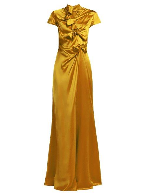 Matchesfashion.com Saloni - Kelly Bow Detail Silk Satin Dress - Womens - Gold