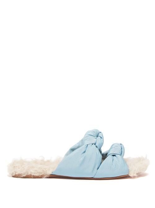 Aquazzura - Asja Shearling And Grosgrain Slides - Womens - Light Blue
