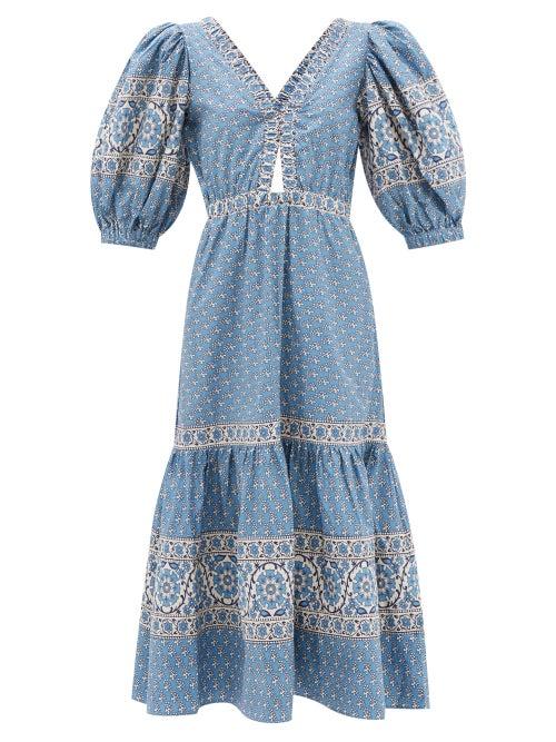 Sea - Fernanda V-neck Tile-print Cotton Midi Dress - Womens - Blue Multi