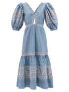 Sea - Fernanda V-neck Tile-print Cotton Midi Dress - Womens - Blue Multi
