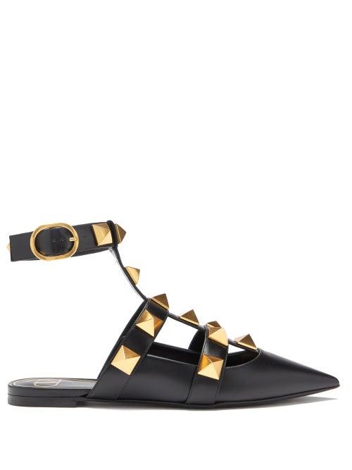 Matchesfashion.com Valentino Garavani - Roman Stud Point-toe Backless Leather Flats - Womens - Black