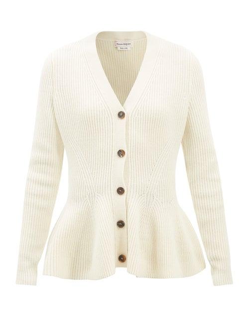 Alexander Mcqueen - Peplum-hem Ribbed Wool-blend Cardigan - Womens - Ivory
