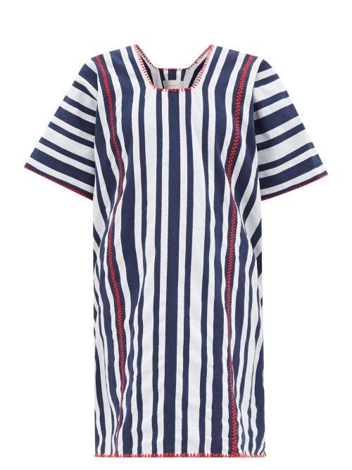 Pippa Holt - Embroidered Striped Cotton Mini Kaftan - Womens - White Navy