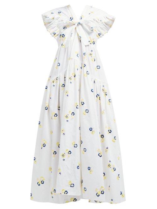 Matchesfashion.com Cecilie Bahnsen - Ricca Bow Trim Embroidered Cotton Blend Dress - Womens - White Multi