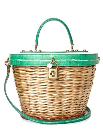 Dolce & Gabbana Banana Leaf-print Leather And Wicker Basket Bag