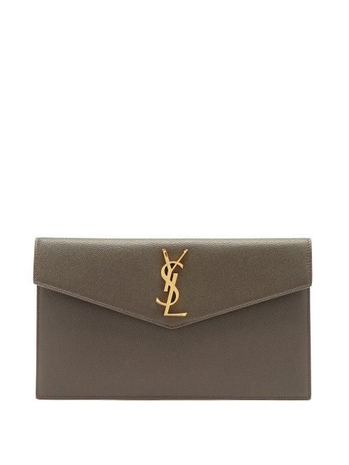 Matchesfashion.com Saint Laurent - Uptown Ysl-plaque Grained-leather Pouch - Womens - Dark Grey