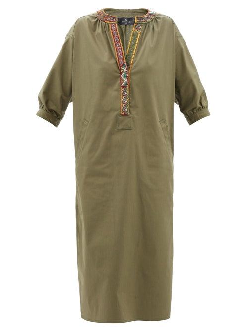 Etro - Beaded Cotton-blend Poplin Kaftan - Womens - Khaki Multi