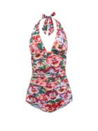 Matchesfashion.com Dolce & Gabbana - Halterneck Ruched Pansy-print Swimsuit - Womens - Multi