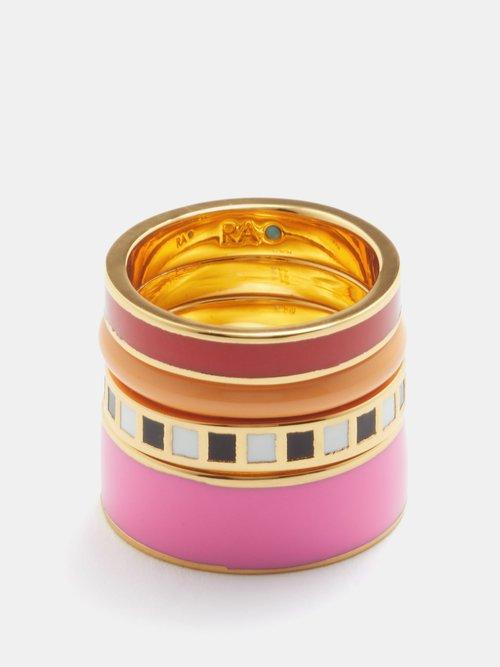 Roxanne Assoulin - A Dash Of Rose Enamel & Gold-plated Ring Set - Womens - Pink Multi