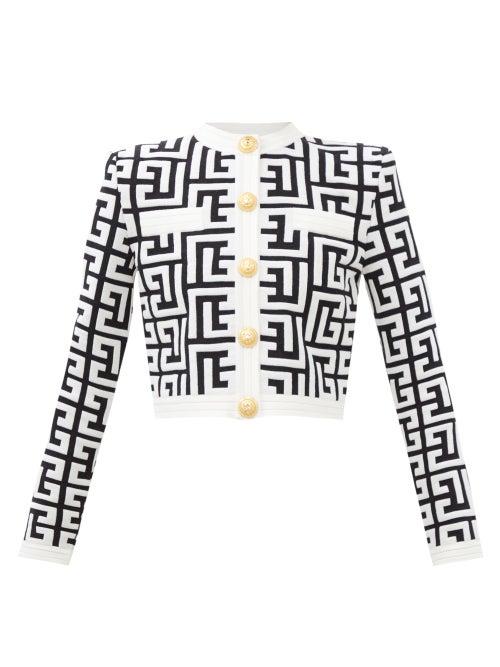 Balmain - Monogram-jacquard Wool-blend Cardigan - Womens - Black