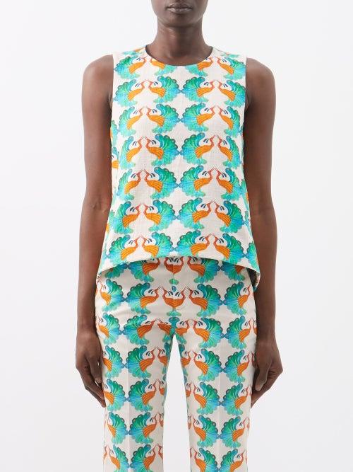La Doublej - La Scala Peacock-print Cotton-blend Twill Top - Womens - Orange Green