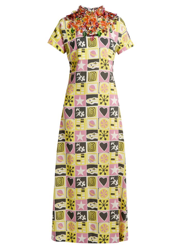 Miu Miu Embellished Short-sleeved Motif-print Crepe Gown