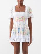 Charo Ruiz - Vannys Shirred-bodice Cotton-blend Mini Dress - Womens - White Multi