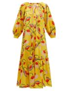 Matchesfashion.com Borgo De Nor - Natalia Lip And Floral Print Cotton Midi Dress - Womens - Yellow Multi