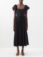 La Ligne - Ruffle-sleeve Linen-blend Midi Dress - Womens - Black