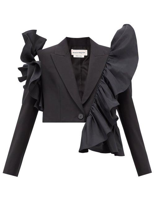 Alexander Mcqueen - Ruffled Cropped Tailored Wool Suit Jacket - Womens - Black