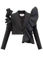 Alexander Mcqueen - Ruffled Cropped Tailored Wool Suit Jacket - Womens - Black