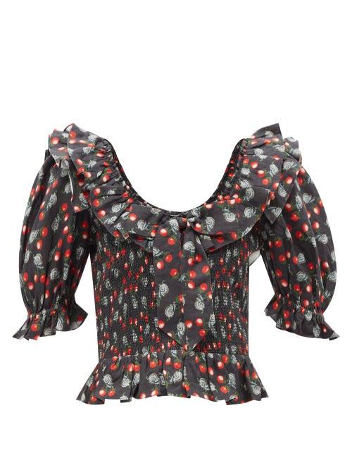 Muzungu Sisters - Frida Ruffled Snail-print Linen Top - Womens - Black Print