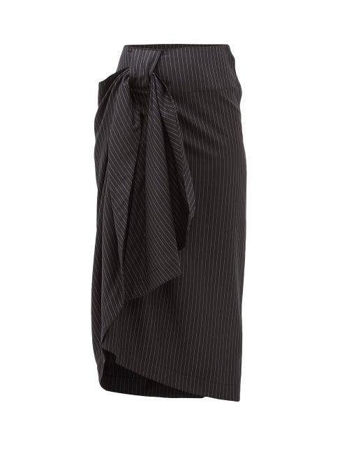 Matchesfashion.com Edward Crutchley - Pinstriped Wool Twill Midi Skirt - Womens - Black