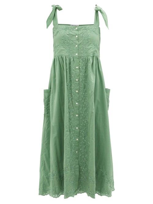 Ladies Beachwear Juliet Dunn - Tie-shoulder Floral-embroidered Cotton Dress - Womens - Khaki