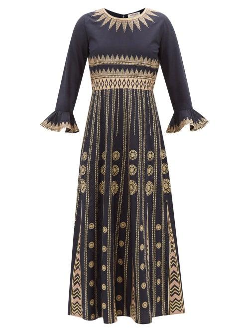 Emporio Sirenuse - Tracey Embroidered Cotton-voile Dress - Womens - Navy