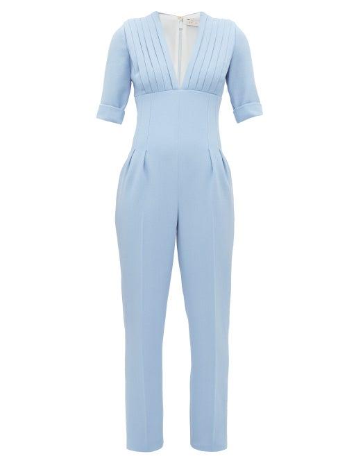 Matchesfashion.com Emilia Wickstead - Bella Pleated Bodice Wool Crepe Jumpsuit - Womens - Light Blue