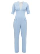 Matchesfashion.com Emilia Wickstead - Bella Pleated Bodice Wool Crepe Jumpsuit - Womens - Light Blue